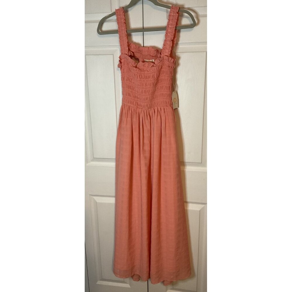 Chrysanthemum Coral Pink Orange Maxi Lined‎ Summer Dress Size Medium New